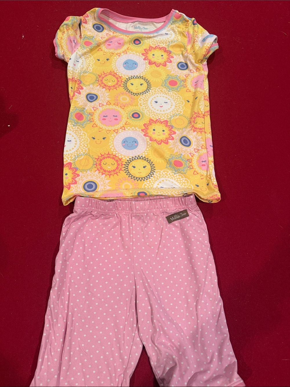 Matilda Jane Yellow Sun Print Top with Pink Polka Dot Pajama Pants